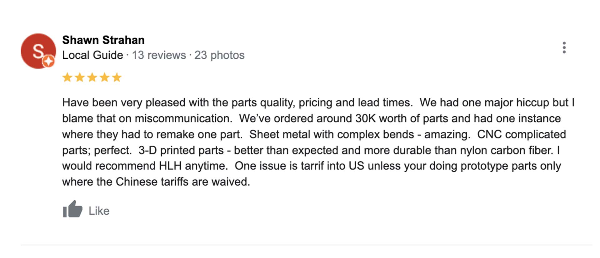 Medical equipment company leaves a review about HLH Rapid's prototyping and 3d printing services