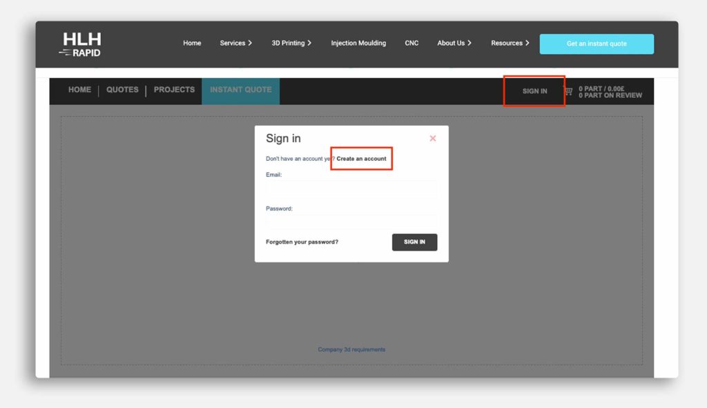 Creating an account HLH Rapid instant quote